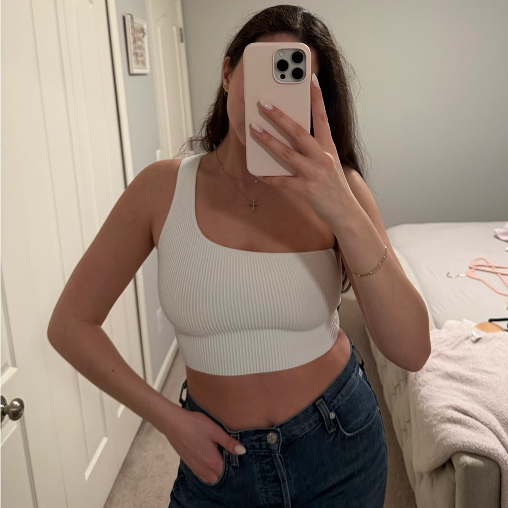 Aritzia White Ribbed Asymmetric Crop Top